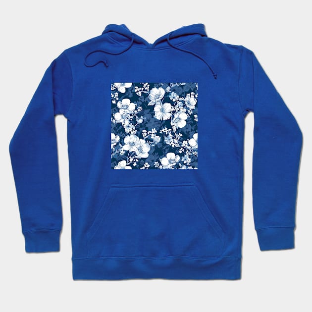 white flowers on deep blue backdrop Hoodie by UmagineArts